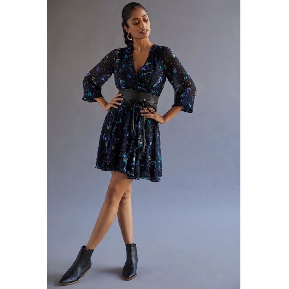 Anthropologie Ruched Floral Mini Dress Black Navy Blue Small